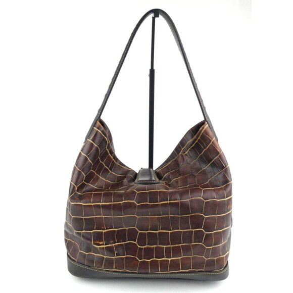 Dooney & Bourke Brown Croc Embossed Leather Large Hobo Shoulder Bag & Key Fob - Picture 3 of 15